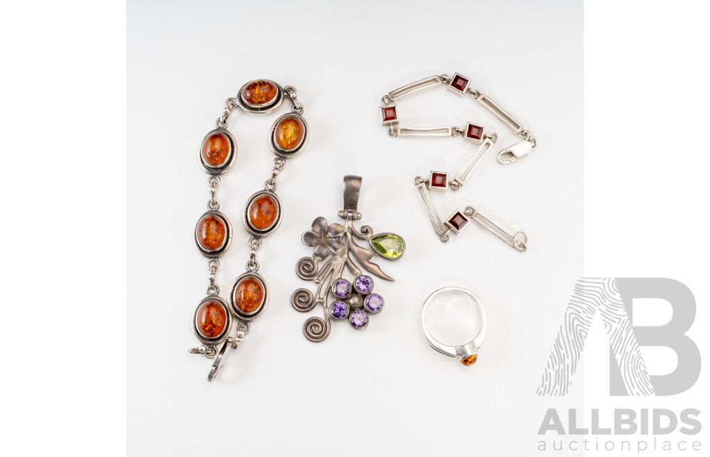 Vintage Sterling Silver Jewellery Set with Amber, Amethyst, Garnet & Peridot, 33.93 Grams