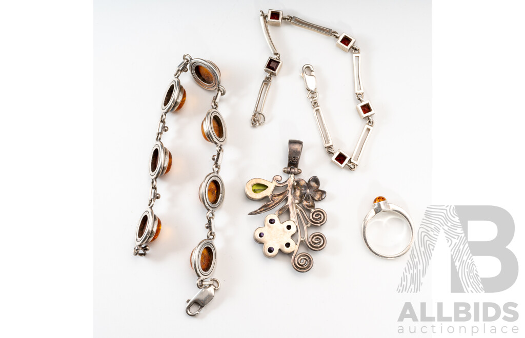 Vintage Sterling Silver Jewellery Set with Amber, Amethyst, Garnet & Peridot, 33.93 Grams