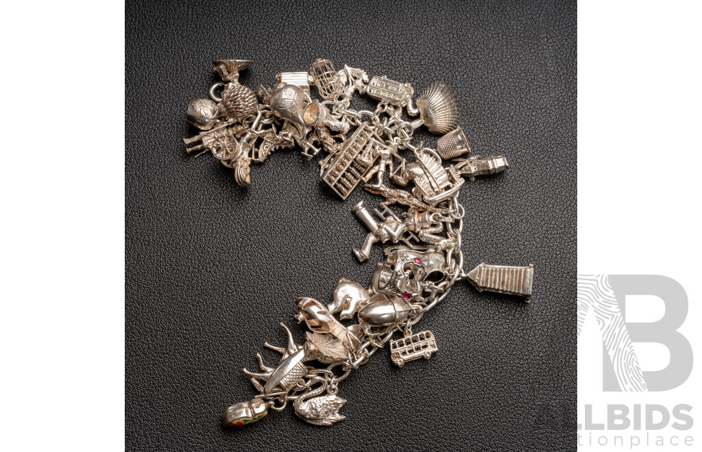 Vintage Sterling Silver Bracelet & Impressive Collection of (40) Unique Vintage Sterling Silver Charms, 84.0 Grams