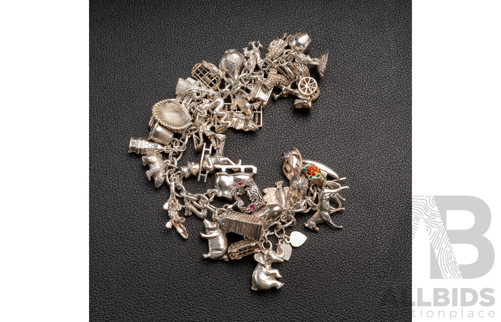 Vintage Sterling Silver Bracelet & Impressive Collection of (40) Unique Vintage Sterling Silver Charms, 84.0 Grams