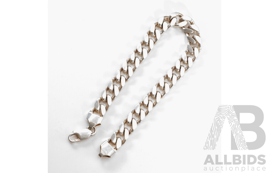 Solid Sterling Silver Mens Flat Curb Link Bracelet, 21cm, 29.33 Grams