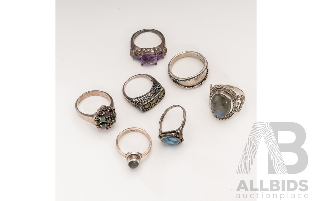 Collection of (7) Sterling Silver Vintage Gemset Rings, 37.72 Grams