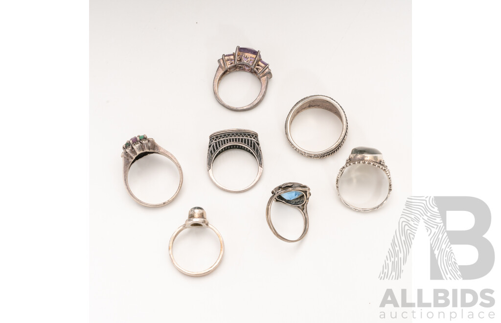 Collection of (7) Sterling Silver Vintage Gemset Rings, 37.72 Grams