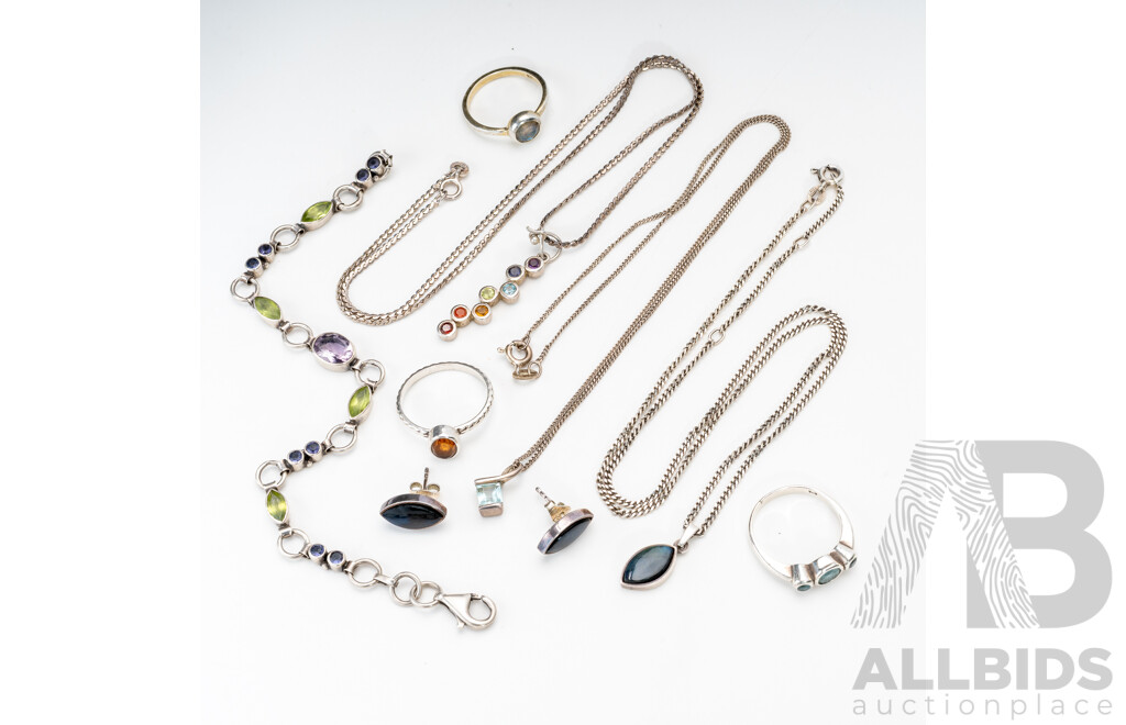 Collection of Sterling Silver Gemstone Jewellery Including Labradorite, Topaz, Peridot & Amethyst, 32.94 Grams