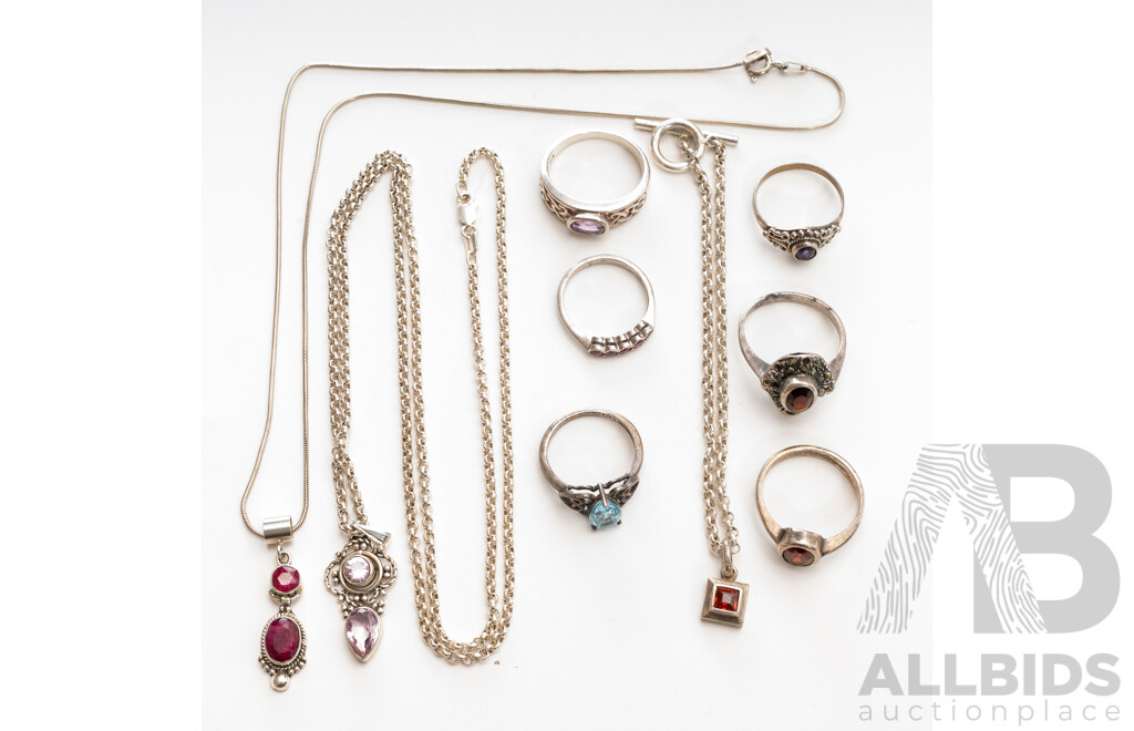 Collection of Sterling Silver Gemstone Jewellery Including Natural Ruby Pendant, 37.61 Grams