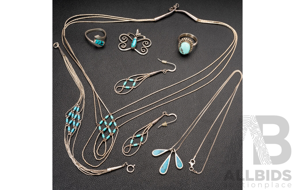 Sterling Silver Vintage Turquoise Jewellery Collection, 33.0 Grams