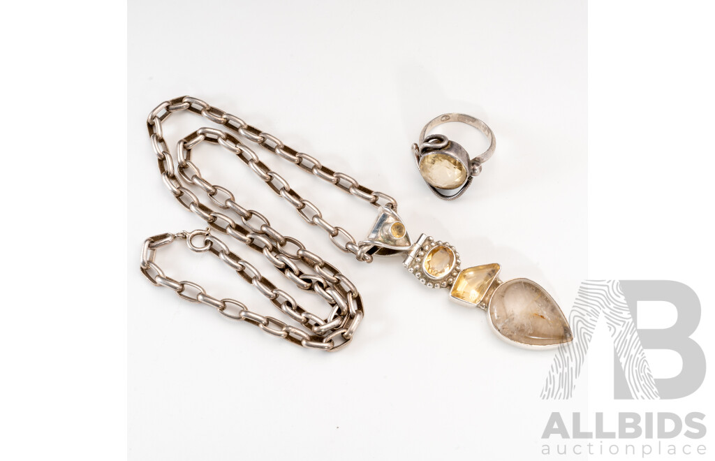 Sterling Silver Belcher Chain with Citrine Drop Pendant & Vintage Sterling Citrine Ring, 40.48 Grams