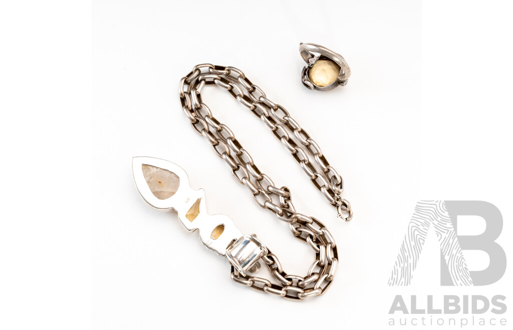Sterling Silver Belcher Chain with Citrine Drop Pendant & Vintage Sterling Citrine Ring, 40.48 Grams