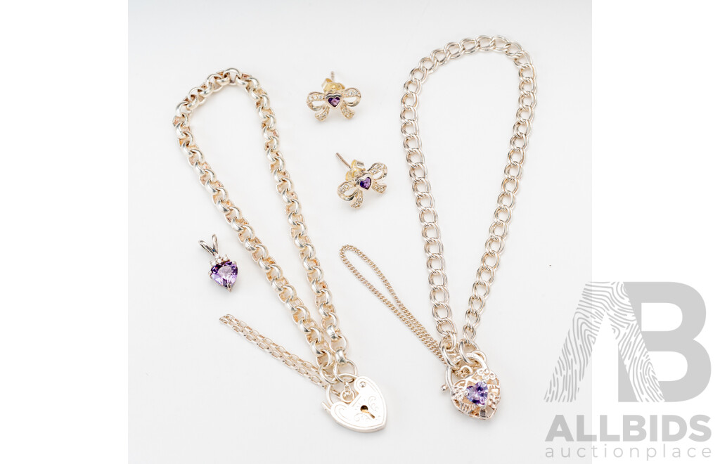 Sterling Silver Amethyst Stud Earrings, Pendant & (2) Padlock Bracelets, 16.33 Grams