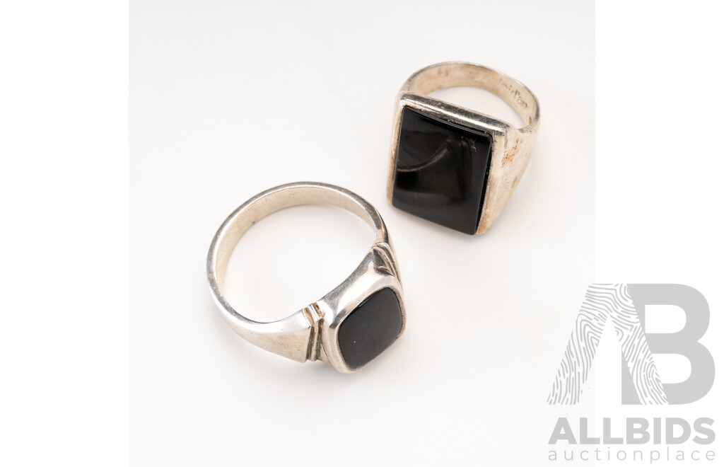 Sterling Silver Inlaid Onyx (2) Unisex Signet Rings, Sizes K & W, 16.13 Grams