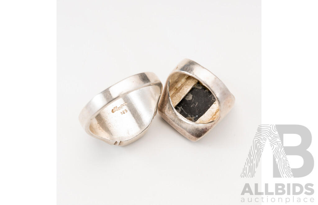 Sterling Silver Inlaid Onyx (2) Unisex Signet Rings, Sizes K & W, 16.13 Grams