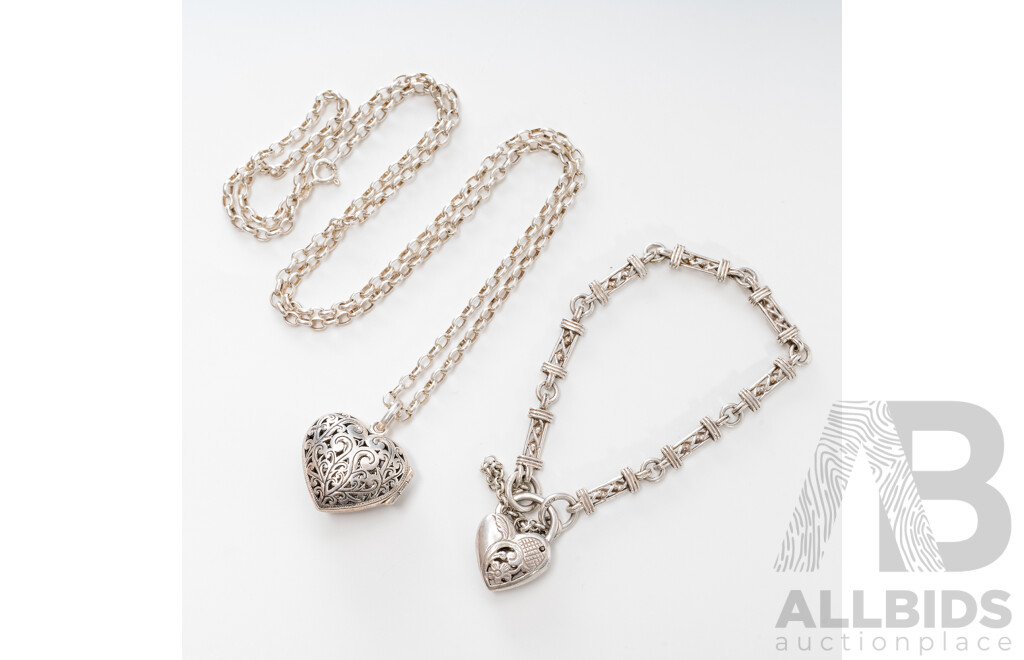 Vintage Sterling Silver Filigree Heart Locket Necklace, 65cm & Sterling Silver Ornate Gate Bracelet with Padlock Clasp, 18cm, 35.61 Grams