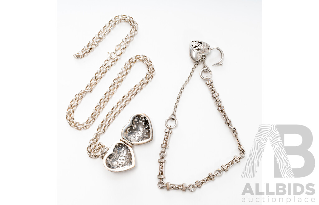 Vintage Sterling Silver Filigree Heart Locket Necklace, 65cm & Sterling Silver Ornate Gate Bracelet with Padlock Clasp, 18cm, 35.61 Grams