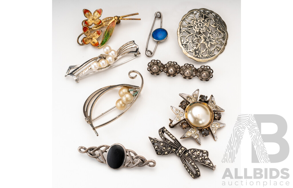 Collection of (6) Vintage Sterling Silver Brooches of Different Eras & (3) Vintage Base Metal Brooches, 925 27.19 Grams