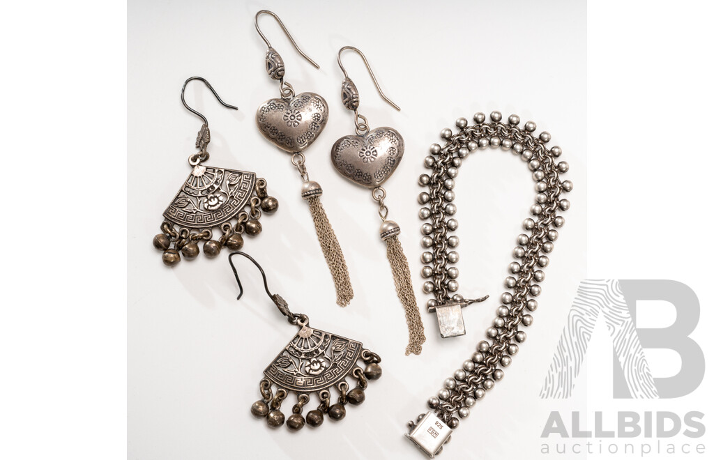 Sterling Silver (800) Ornate Vintage Bracelet and (2) Pairs of Vintage Silver Drop Earrings, 43.0 Grams