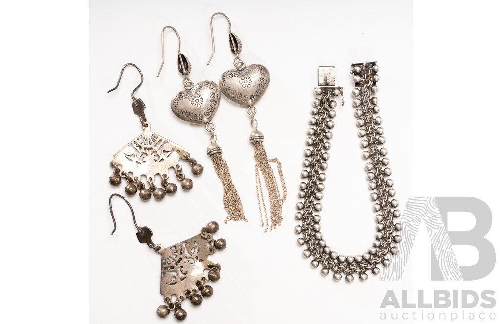 Sterling Silver (800) Ornate Vintage Bracelet and (2) Pairs of Vintage Silver Drop Earrings, 43.0 Grams