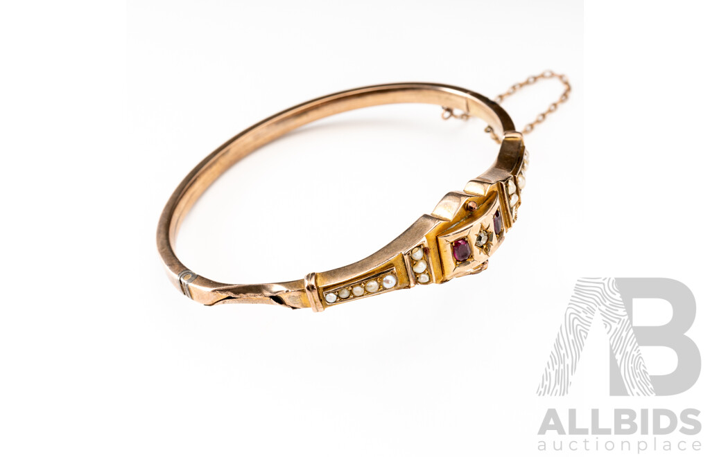 Vintage Rolled Gold Old Cut Diamond, Ruby & Seed Pearl Hinged Bangle & (800) Silver - Damaged