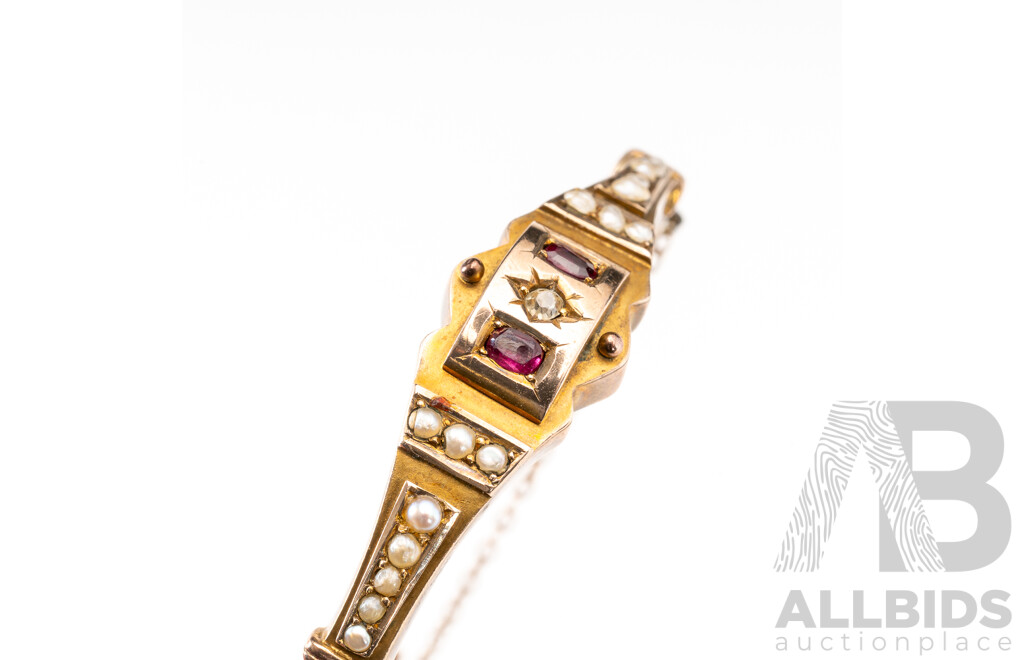 Vintage Rolled Gold Old Cut Diamond, Ruby & Seed Pearl Hinged Bangle & (800) Silver - Damaged