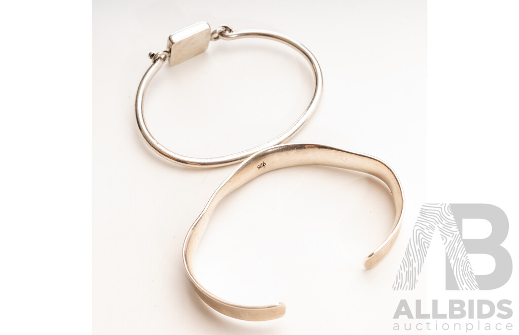 Sterling Silver Cuff with Square Hinged Clasp & Sterling Silver Open Cuff Concave Bangle, 33.91 Grams