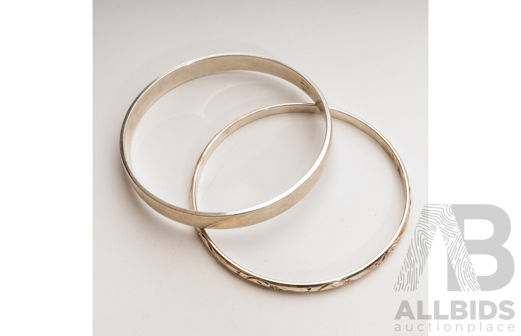 Sterling Silver Solid Flat Curve Bangle & Sterling Silver Etched Bangle, 63/64mm, 41.46 Grams