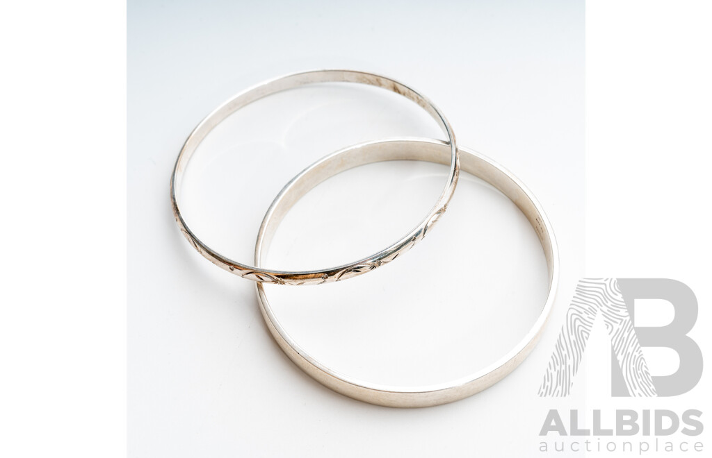 Sterling Silver Solid Flat Curve Bangle & Sterling Silver Etched Bangle, 63/64mm, 41.46 Grams