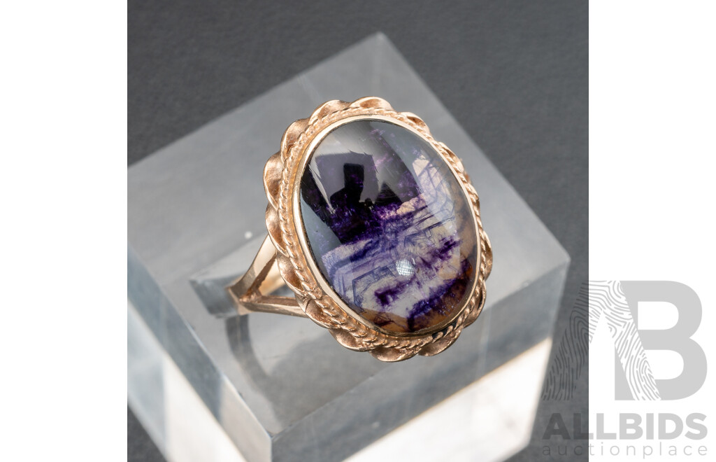 9ct Vintage Blue John Cabochon Ring, Size L, 4.08 Grams