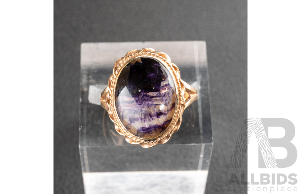 9ct Vintage Blue John Cabochon Ring, Size L, 4.08 Grams