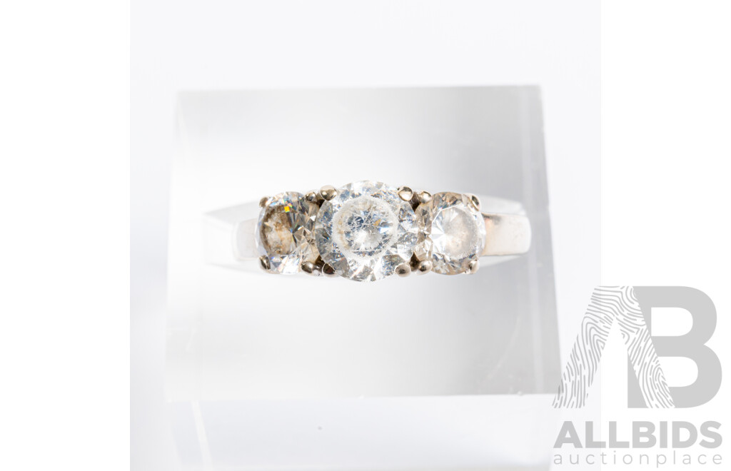 14ct White Gold Trilogy Ring with Cubic Zirconias, Size K, 3.30 Grams