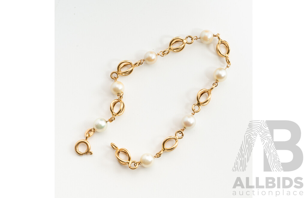 18ct Yellow Gold Cultured Pearl Bracelet, 19cm, 6.42 Grams