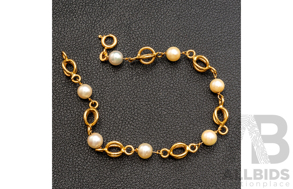 18ct Yellow Gold Cultured Pearl Bracelet, 19cm, 6.42 Grams