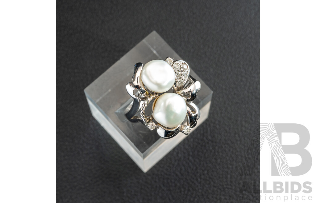 14ct White Gold Diamond & Keshi Pearl Statement Ring, TDW0.15ct, Size N, 6.64 Grams