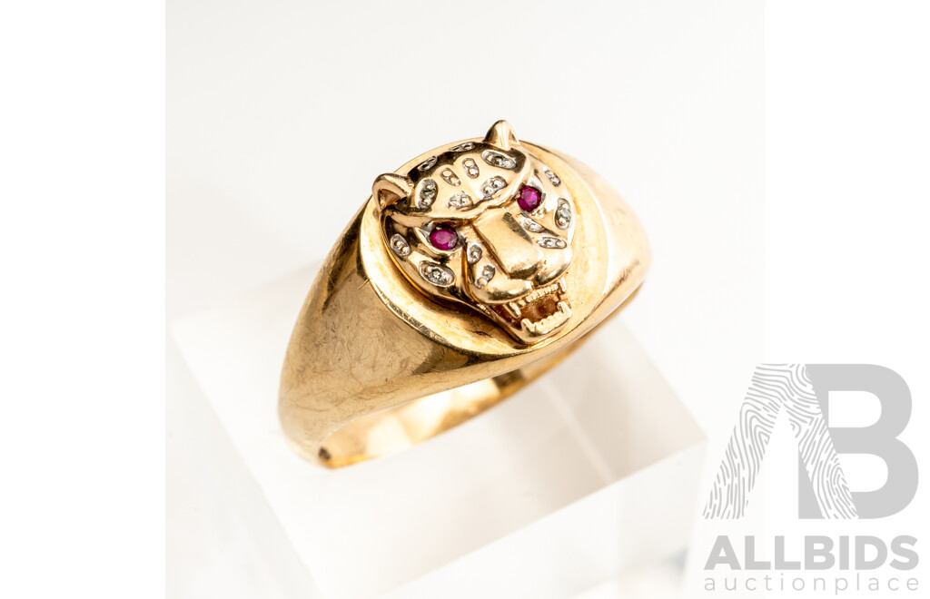 9ct Created Ruby & Diamond Leopard Ring, TDW0.02ct, Size V, 4.38 Grams