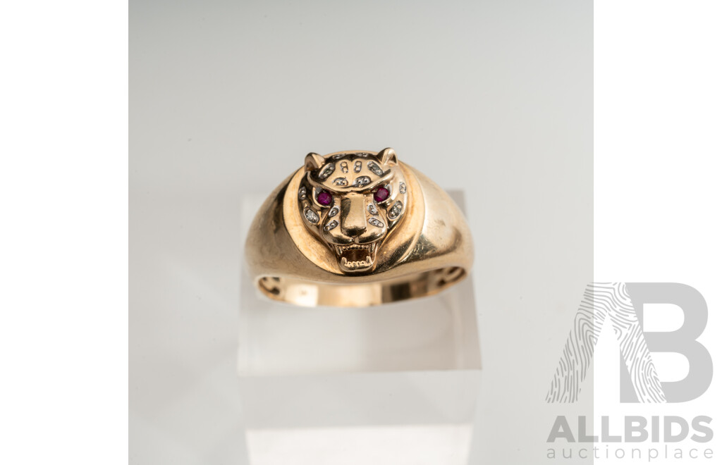 9ct Created Ruby & Diamond Leopard Ring, TDW0.02ct, Size V, 4.38 Grams