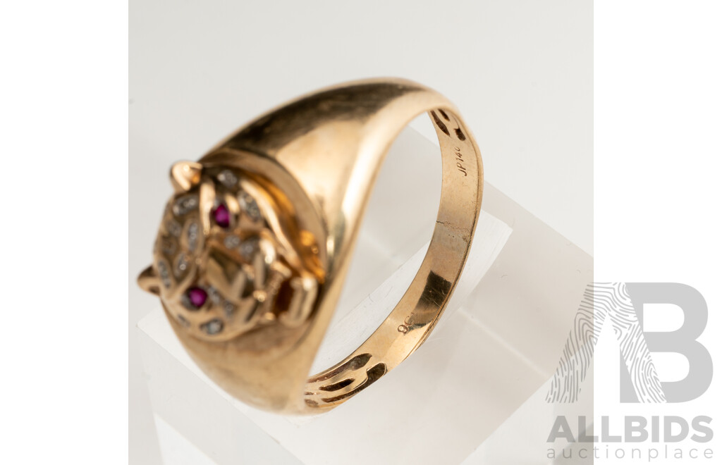 9ct Created Ruby & Diamond Leopard Ring, TDW0.02ct, Size V, 4.38 Grams