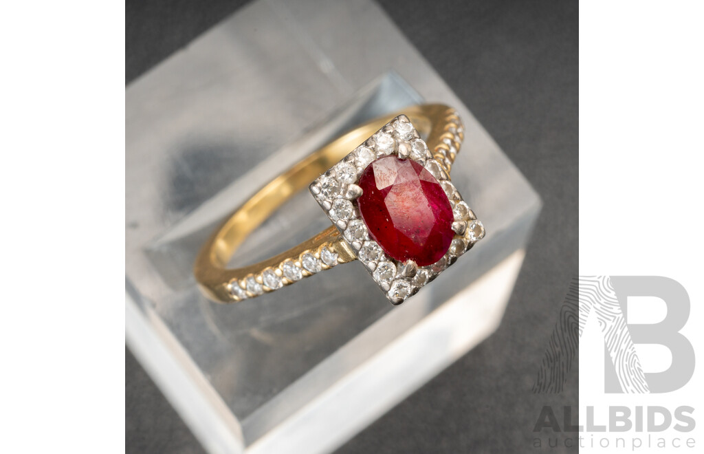 18ct Natural Ruby & Diamond Ring, S1.10ct/TDW0.30ct, Size M, 3.54 Grams