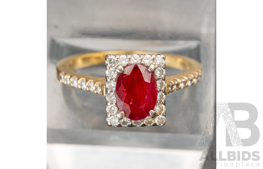 18ct Natural Ruby & Diamond Ring, S1.10ct/TDW0.30ct, Size M, 3.54 Grams
