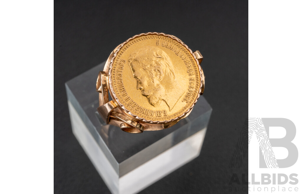 14ct Yellow Gold 5 Russian Roubles Tsar Nicholas 1901 Coin Ring, Size T, 9.42 Grams