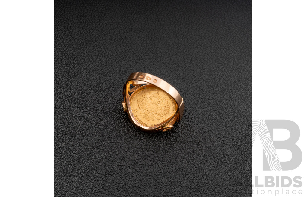 14ct Yellow Gold 5 Russian Roubles Tsar Nicholas 1901 Coin Ring, Size T, 9.42 Grams