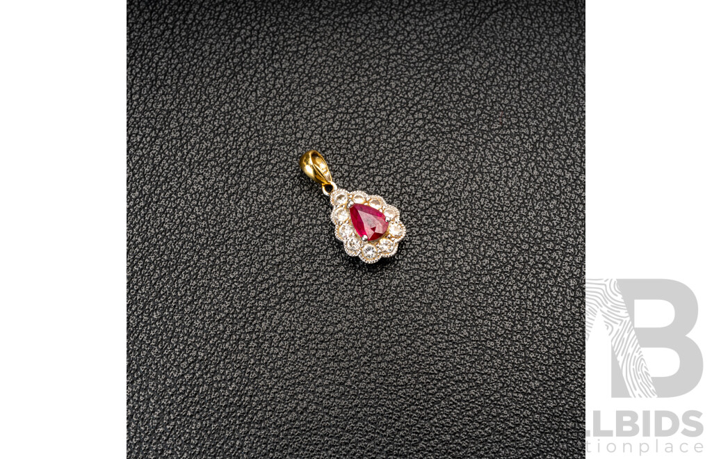 18ct Natural Ruby & Diamond Drop Pendant, S0.57ct/TDW0.30ct, 18mm, 1.55 Grams