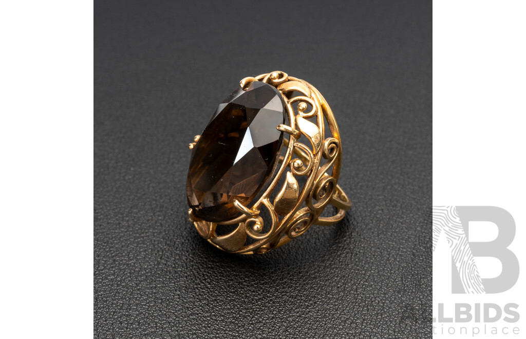 9ct Vintage Smokey Quartz Statement Cocktail Ring, Size O, 13.15 Grams