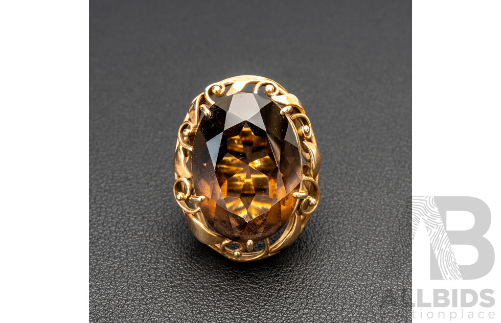 9ct Vintage Smokey Quartz Statement Cocktail Ring, Size O, 13.15 Grams