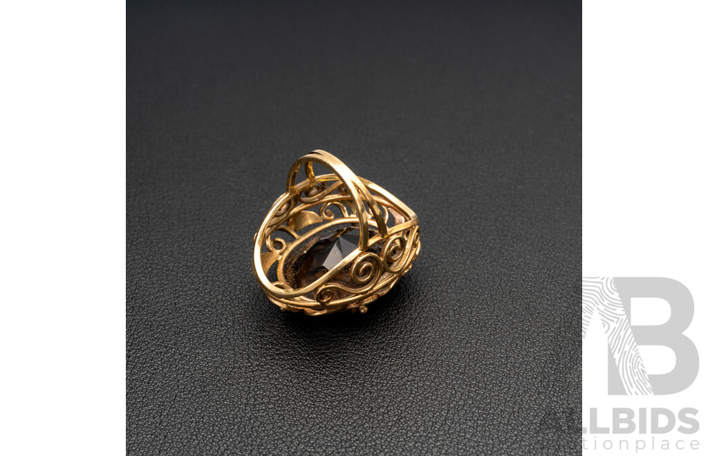 9ct Vintage Smokey Quartz Statement Cocktail Ring, Size O, 13.15 Grams