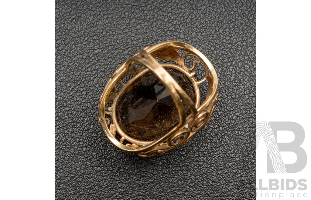 9ct Vintage Smokey Quartz Statement Cocktail Ring, Size O, 13.15 Grams