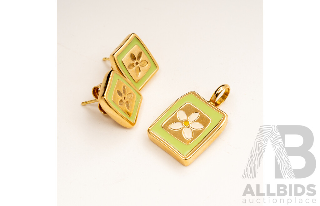 18ct Tous Enamel Flower Pendant & Matching 18ct Stud Earrings, 4.97 Grams