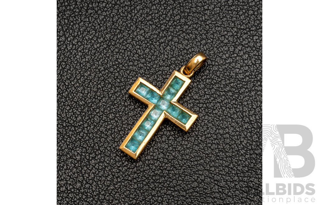 9ct Yellow Gold Swiss Blue Topaz Cross Pendant, 26mm, 1.97 Grams