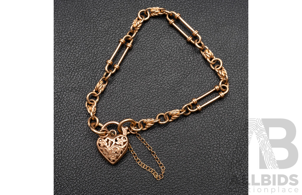 9ct Rose Gold Vintage Fancy Link Gate Bracelet with Heart Padlock, 18cm, 12.61 Grams