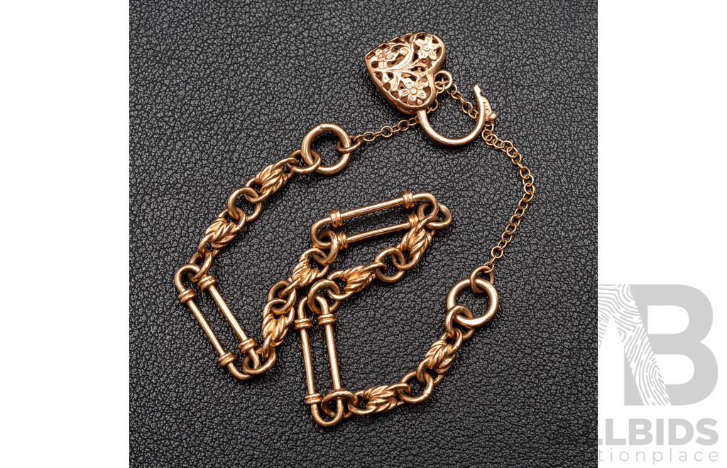 9ct Rose Gold Vintage Fancy Link Gate Bracelet with Heart Padlock, 18cm, 12.61 Grams