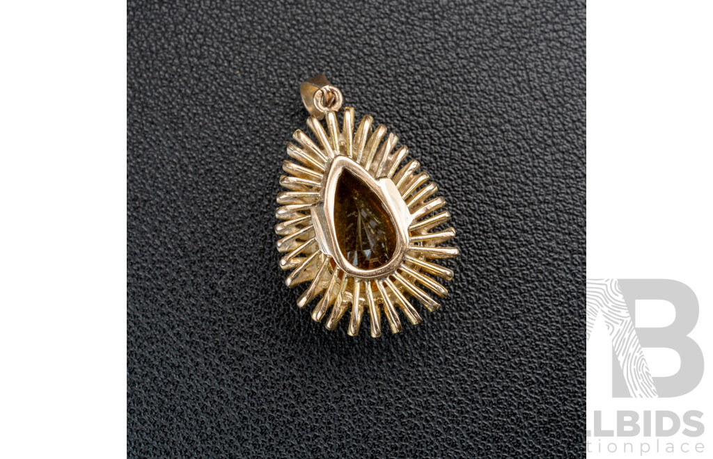 14ct Vintage 6.65ct Brutalist Style Citrine Pendant, 34mm, 7.21 Grams