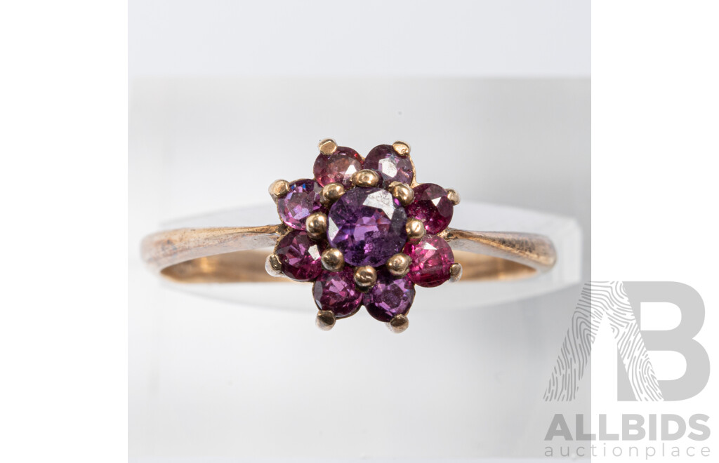 Vintage 9ct Rhodolite Garnet Daisy Ring, Size P, 1.90 Grams