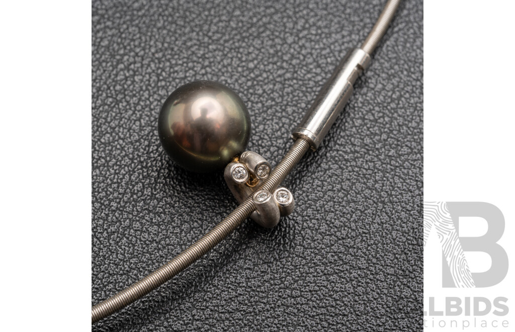 Platinum 10.8mm Tahitian Pearl & Diamond Neckelet, TDW 0.10ct, 40cm, 12.0 Grams